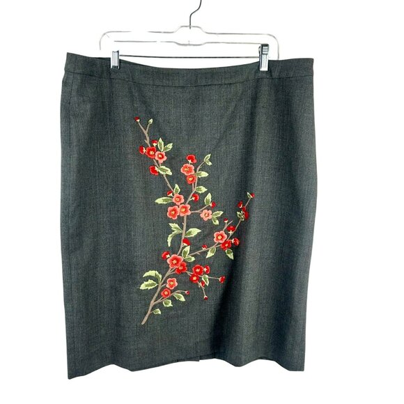 Garnet Hill 100% Wool Straight Pencil Skirt Women Plus 18 Gray Embroidery Floral - Picture 1 of 6